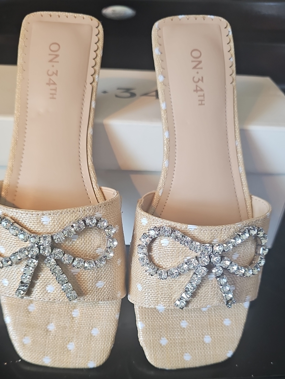 ON·34TH Beige Polka Dot Rhinestone Bow Slide Sandals